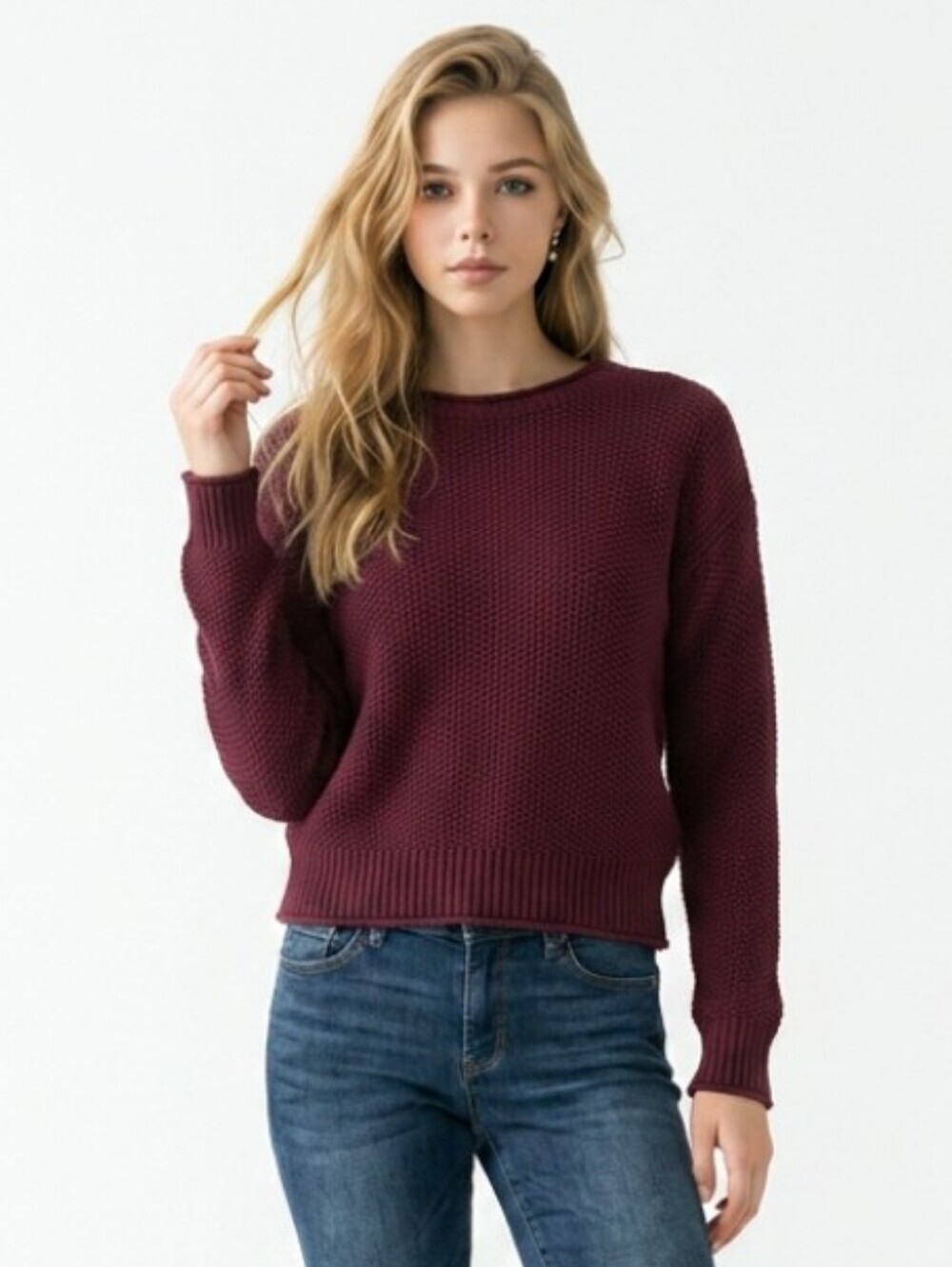 Jessica Simpson Maroon Textured Crewneck Sweater